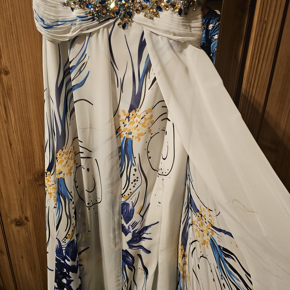 Elegant White and Blue Floral Gown